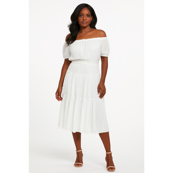 Tommy Hilfiger Off-the-Shoulder Parade‎ Dress White Size 8 Midi Tea Length - Picture 1 of 6